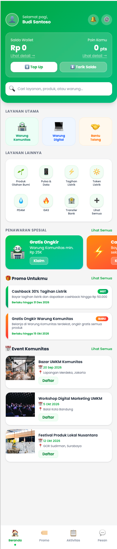 Tampilan Beranda aplikasi Warung Komunitas